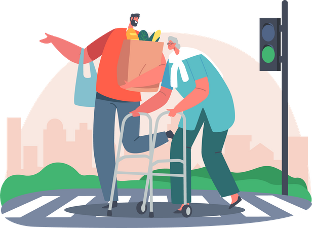 Man helping senior woman in crossing road  Illustration