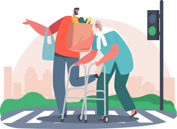 Man helping senior woman in crossing road  Illustration