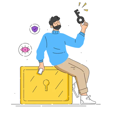 Man Holding Key and Unlocking safe  イラスト