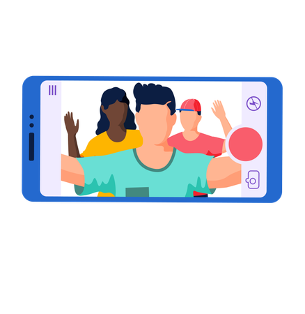 Man holding smartphone doing selfie photo with fun company of friends waving hands isolated on white  Illustration