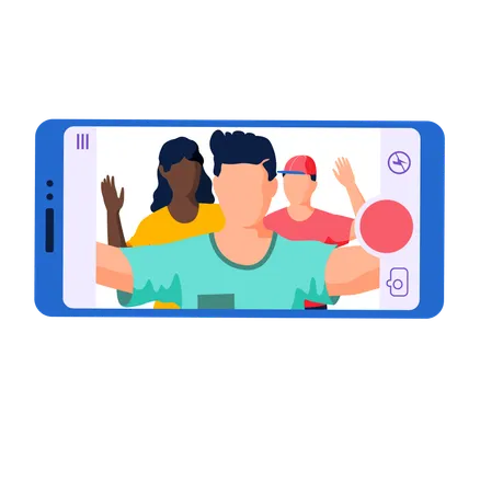 Man holding smartphone doing selfie photo with fun company of friends waving hands isolated on white  Illustration