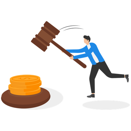 Man in business suit with wooden mallet and pile of money  Illustration