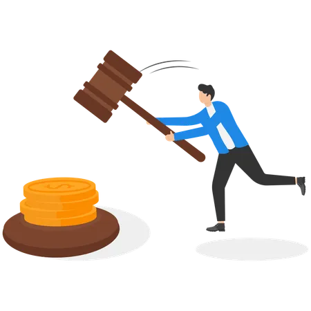 Man in business suit with wooden mallet and pile of money  Illustration