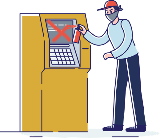 Man in mask painting on atm machine  Illustration