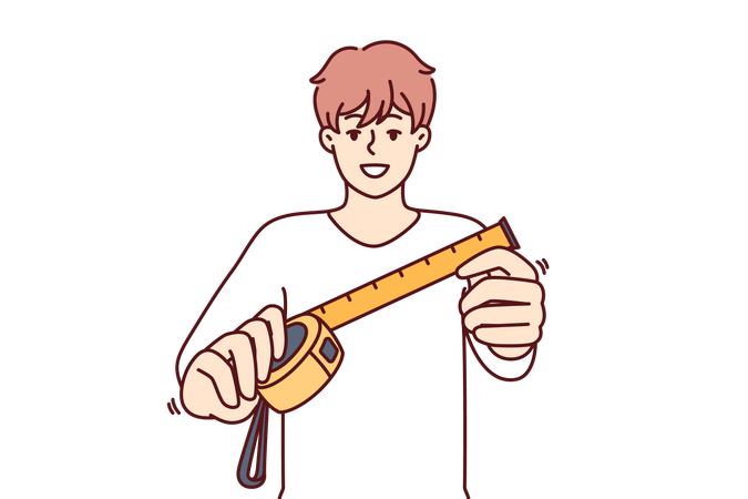 Man is measuring his waist with measuring tape  イラスト