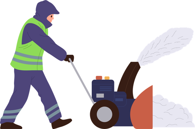 Man janitor in uniform using automatic snow blowler machine for cleaning street  イラスト