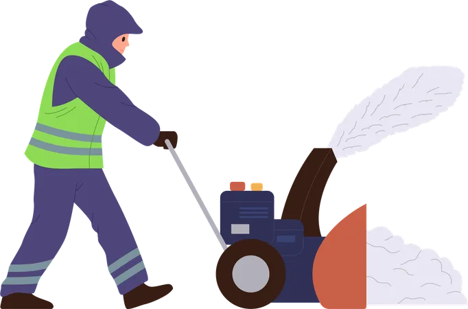 Man janitor in uniform using automatic snow blowler machine for cleaning street  イラスト