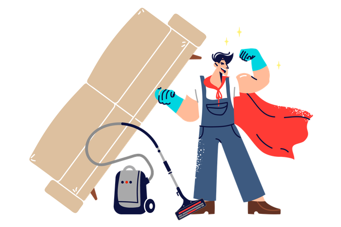 Man janitor superhero demonstrates strength by lifting heavy sofa while standing next to vacuum cleaner  Illustration