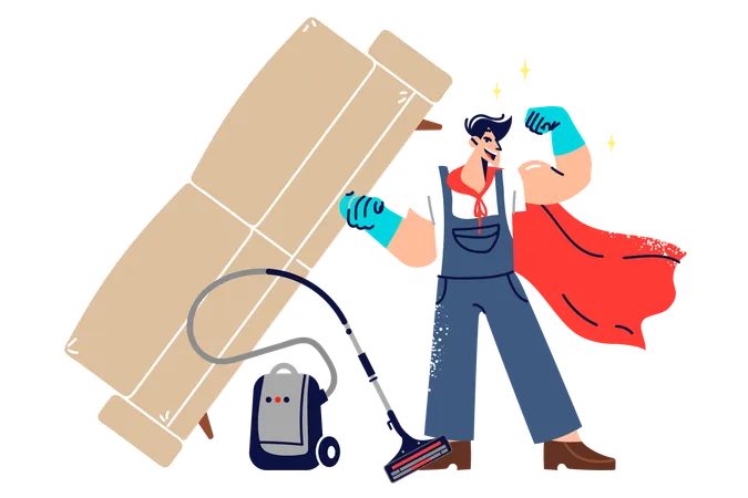 Man janitor superhero demonstrates strength by lifting heavy sofa while standing next to vacuum cleaner  Illustration