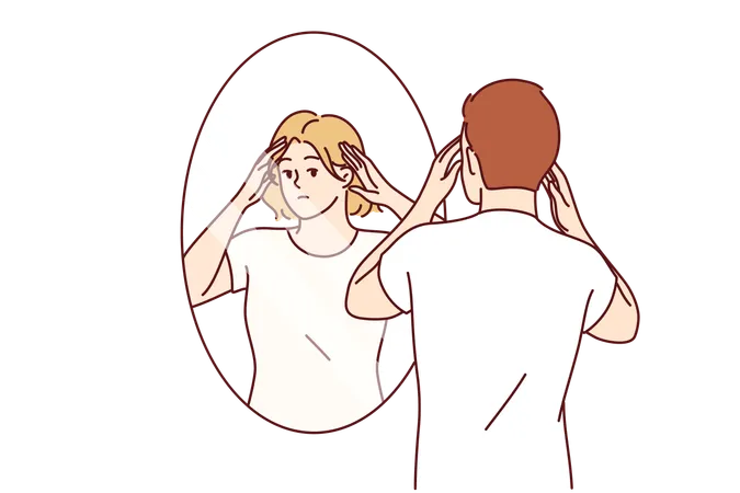 Man looks at his sad face in mirror  Illustration