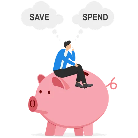 Man lotus sitting on piggy bank think save or spend choice  Illustration