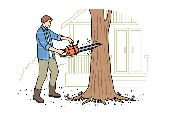 Man lumberjack uses chainsaw to get rid of old and diseased tree growing near house  Illustration