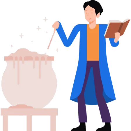 Man making magic potion from book  イラスト