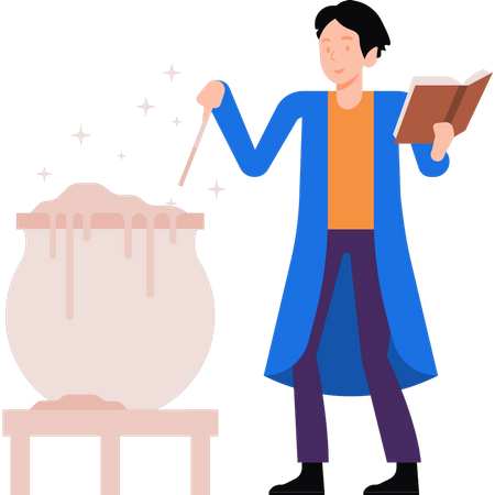 Man making magic potion from book  Illustration