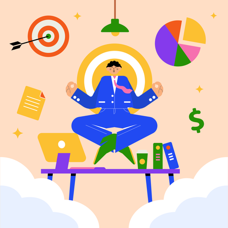 Man meditating at work  イラスト