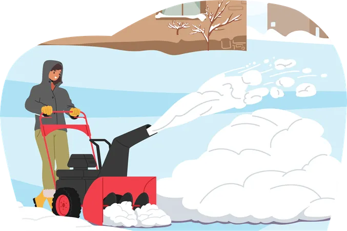 Man operates snowblower at house front yard  イラスト