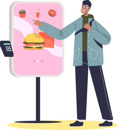 Man ordering fast food from online kiosk  Illustration