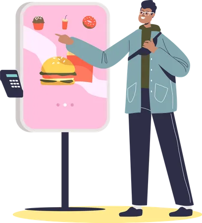 Man ordering fast food from online kiosk  Illustration