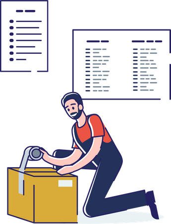 Man packing parcel in cardboard box using tape  Illustration