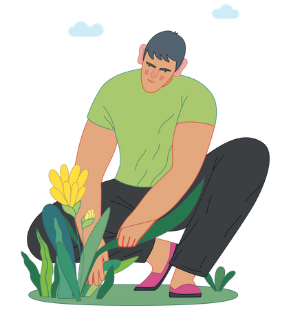 Man planting a flower.  Illustration