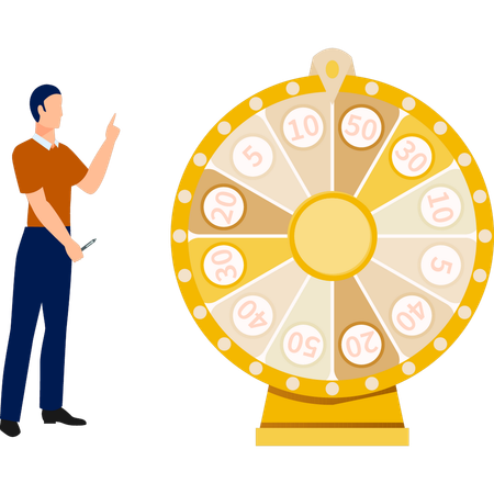 Man pointing at roulette wheel in casino  Illustration