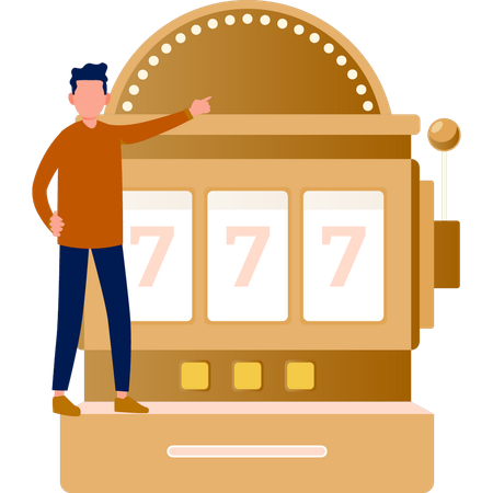 Man pointing at slot machine.  Illustration