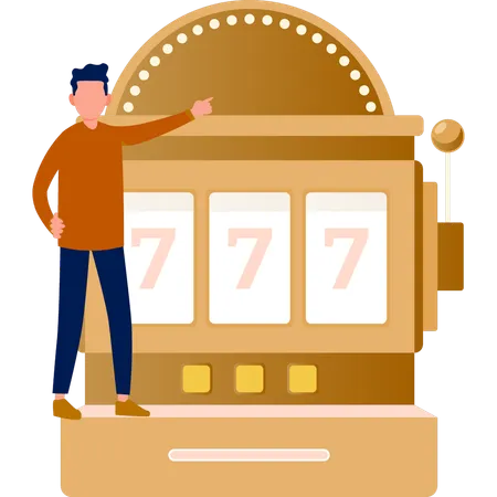 Man pointing at slot machine.  Illustration