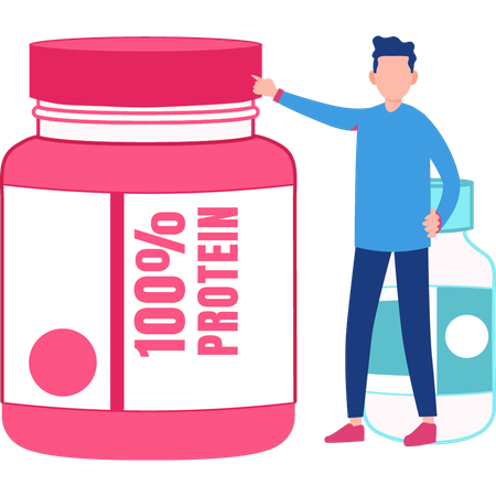 Man pointing to 100 percentage protein jar  Illustration