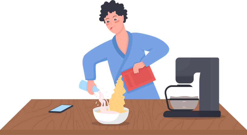 Man pouring milk in cereal  Illustration