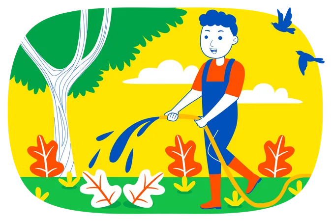 Man pouring water to plant  Illustration