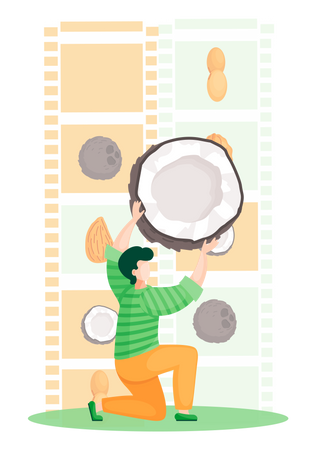 Man prepares coconut vegan organic milk  Illustration