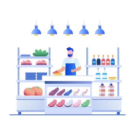 Man preparing food behind counter  Illustration