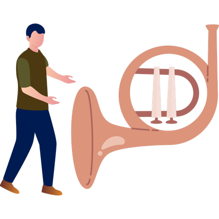 Man presenting french horn music  Illustration