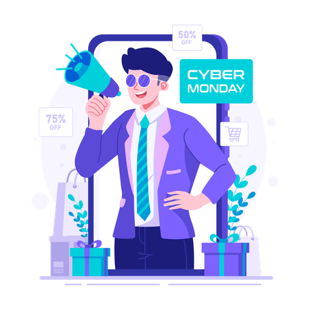 Man promoting discount price on cyber monday  Illustration