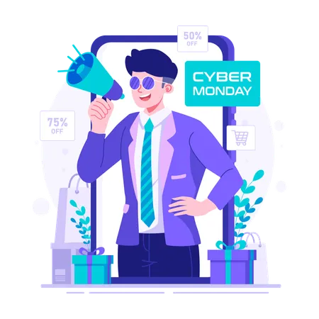 Man promoting discount price on cyber monday  Illustration