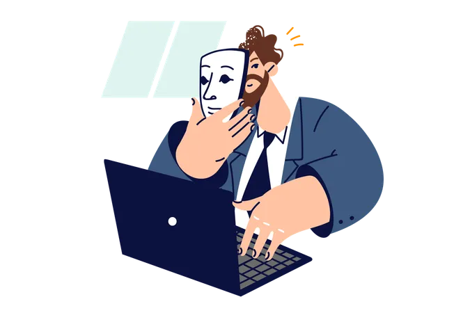 Man puts on mask while using internet and introduces himself as another person  Illustration