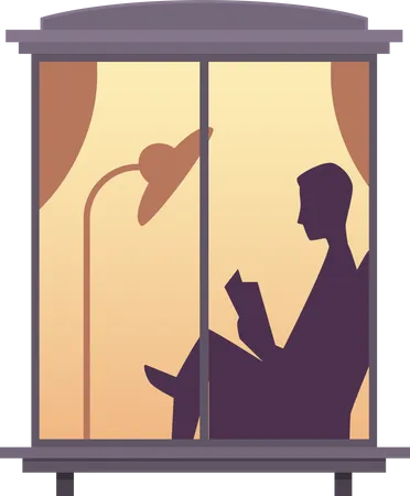 Man reading book view from window  Illustration