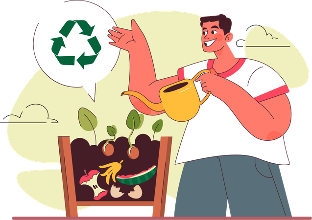 Man recycling waste in plant's fertilizer  Illustration