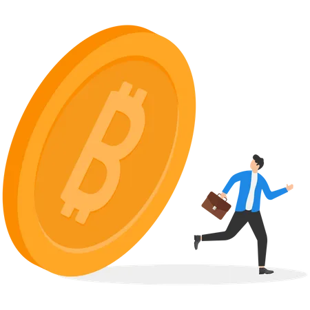 Man running from a falling giant bitcoin  일러스트레이션