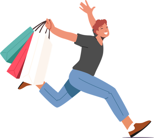 Man running happy after shopping  Illustration