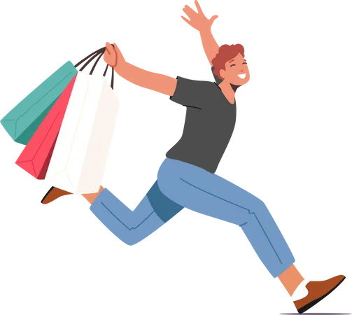 Man running happy after shopping  Illustration