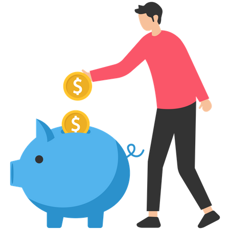 Man saving money and putting coins in Piggy bank  Illustration