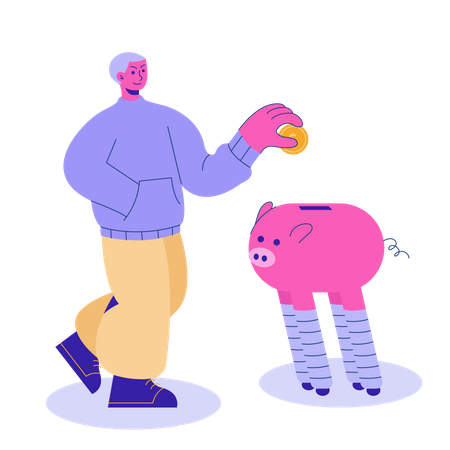 Man saving money in piggy bank  Illustration