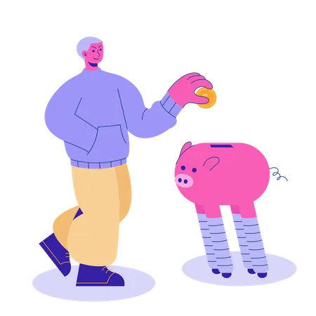 Man saving money in piggy bank  Illustration