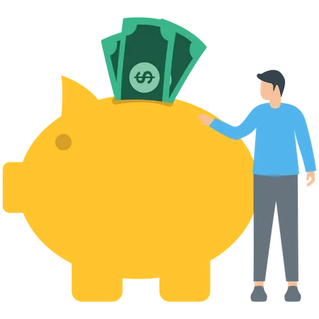 Man Savings Money In Piggy Bank  Illustration