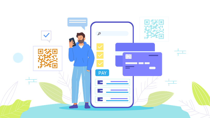 Man scans QR code for paying online amount  Illustration