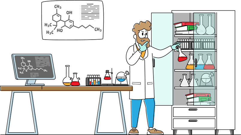 Man Scientist Wearing White Coat Conducting Experiments in Science Laboratory  Illustration