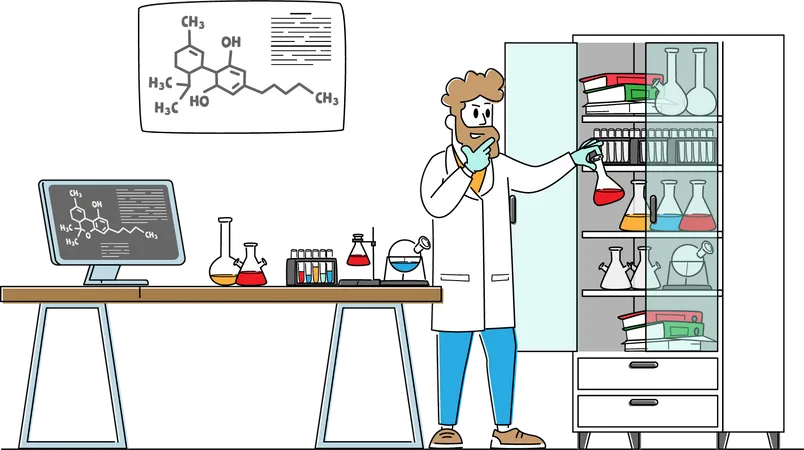 Man Scientist Wearing White Coat Conducting Experiments in Science Laboratory  Illustration