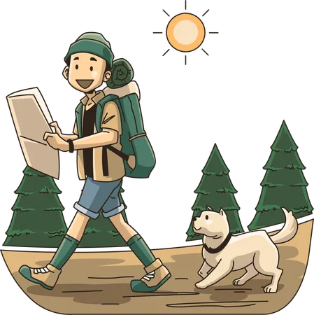 Man Search hiking trails with maps  Illustration