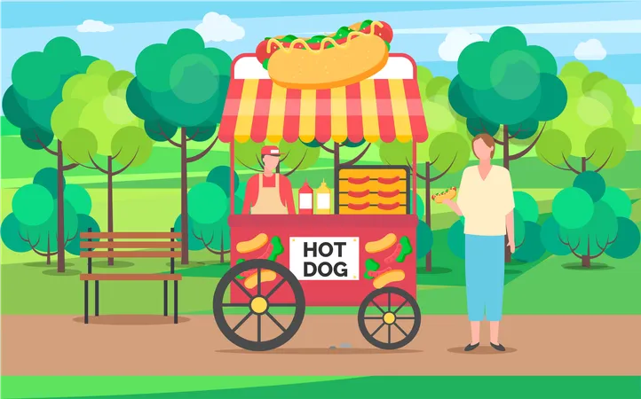 Man selling hot dog in park  Illustration